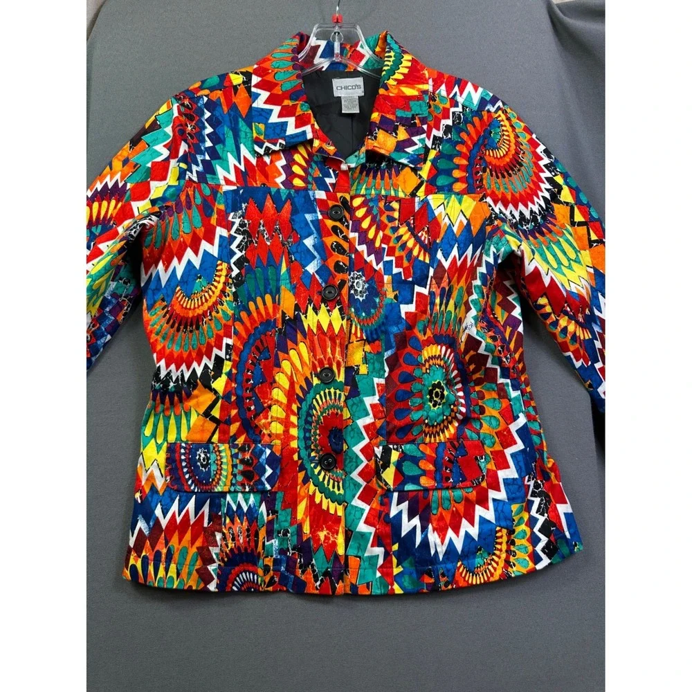 Chicos Women's Multi Color Geometric Sunburst Print Button‎ Front Jacket Size 1